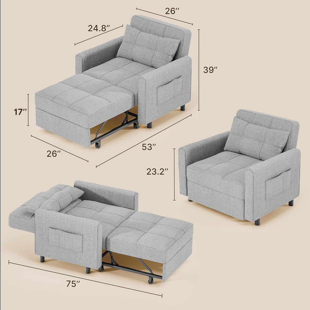 Gizoon Sofá cama convertible 3 en 1, silla cama individual extraíble con respaldo ajustable, sofá multifuncional espacioso para sala de estar, dormitorio, apartamento