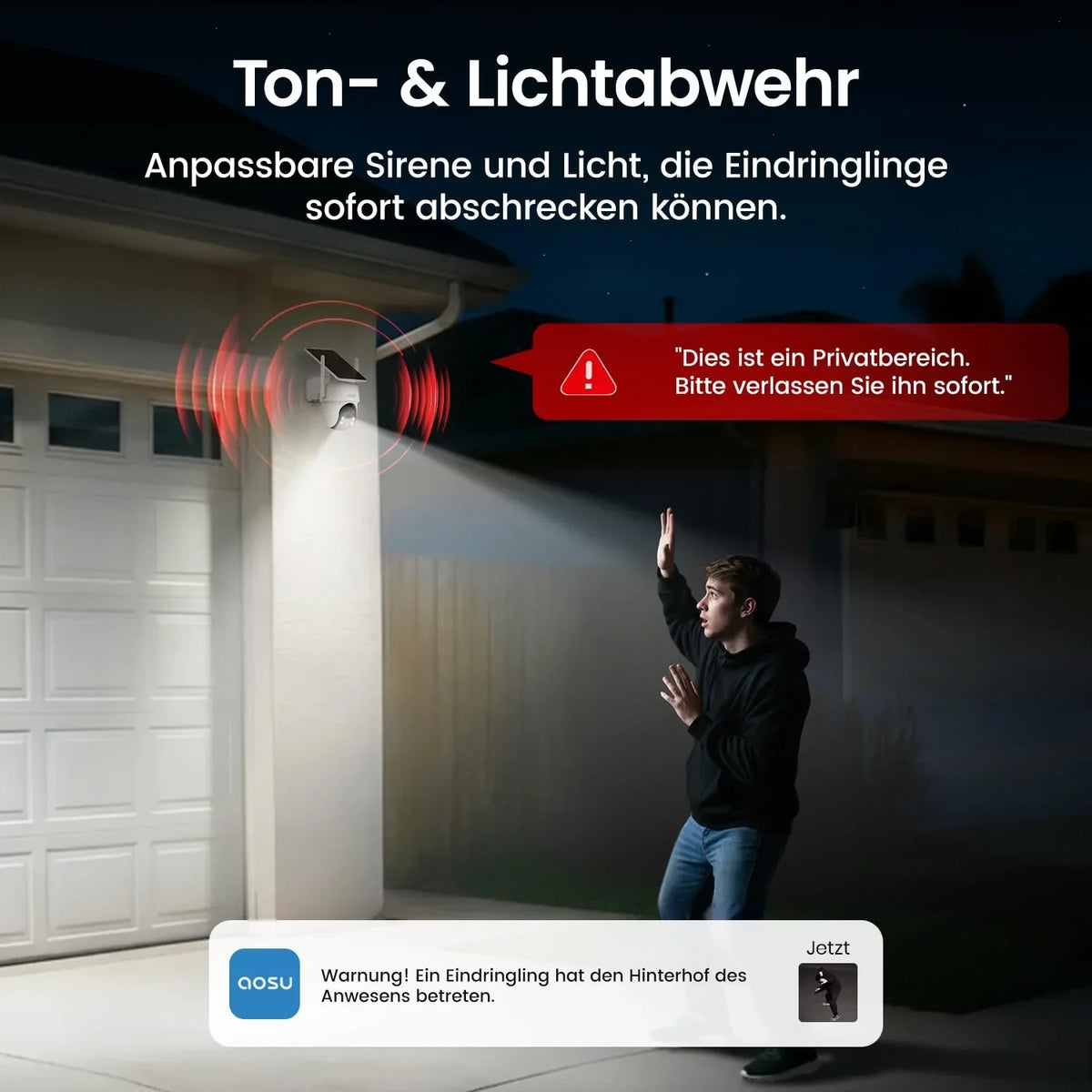 Cámara de seguridad exterior solar aosu D1 2K, 32 GB sin suscripción, PTZ 360°, sistema de 4 cámaras, visión nocturna a color, audio bidireccional, Wi-Fi 2,4/5 GHz