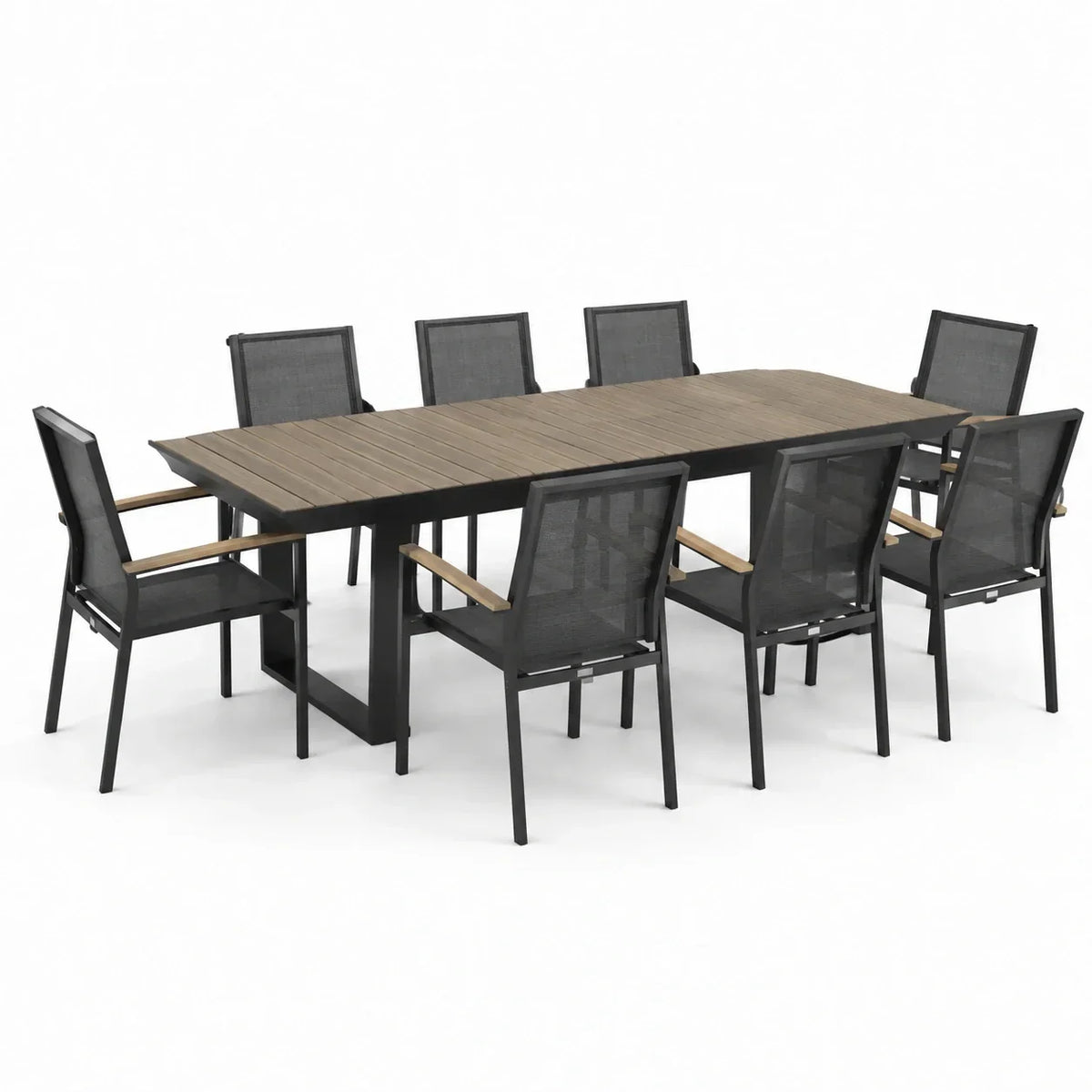 Conjunto de comedor para jardín con mesa de aluminio y efecto madera de 200x100 cm con 8 sillas
