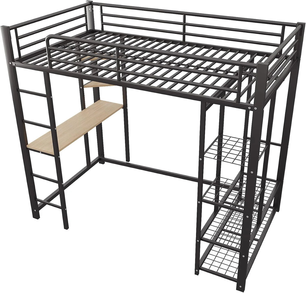 Dolamaní Łóżko piętrowe 90 x 200 cm, z biurkiem i regałem, dla młodzieży i dorosłych, nośność 120 kg, metalowe łóżko ze stelażem ze stelażem, stabilne i otwarte miejsce do zawieszenia, czarne