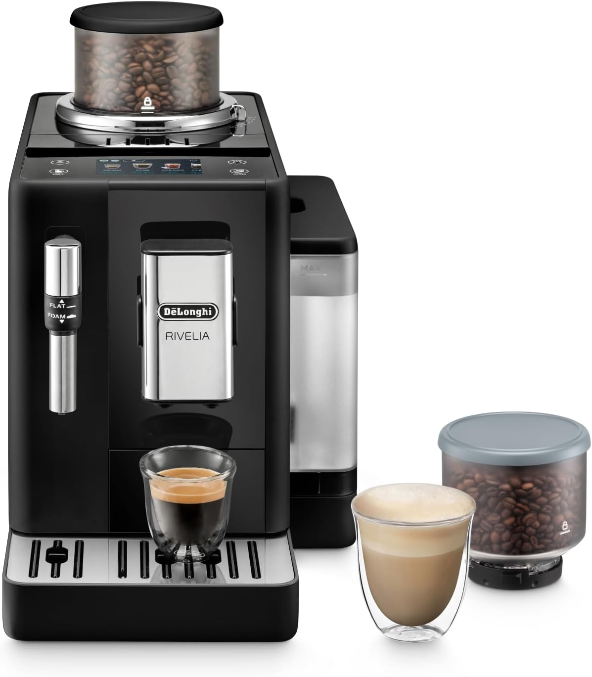 De'Longhi Rivelia EXAM440.35.B, Cafetera superautomática, granos recién molidos, contenedor de granos intercambiable, espumador de leche clásico, 8 recetas, pantalla táctil a color, negro