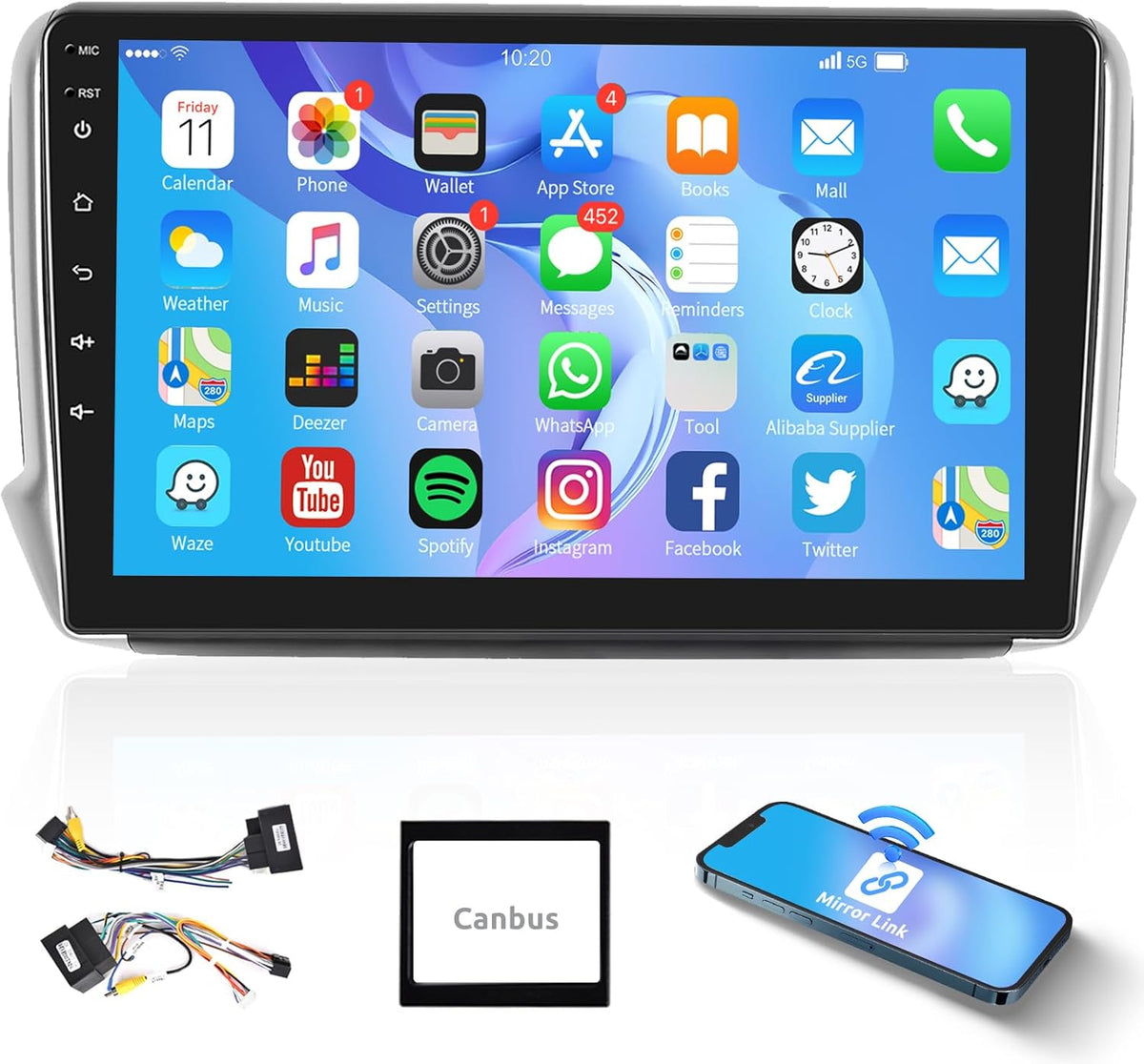 Autoradio GPS Android Podofo para Peugeot 208/2008 2012-2018, Navegador para coche con pantalla táctil de 10", WiFi, Bluetooth, FM, RDS, Mirror Link, USB, Radio de coche, Reproductor estéreo de vídeo