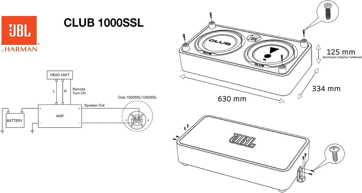 Subwoofer para coche JBL Club 1200SSL, caja plana de 12 pulgadas - Altavoz de graves de 1200W | Subwoofer utilizable como activo o pasivo gracias a la tecnología SSI de 2-4 ohmios, 400W RMS, profundidad de montaje reducida, cono de polipropileno robusto