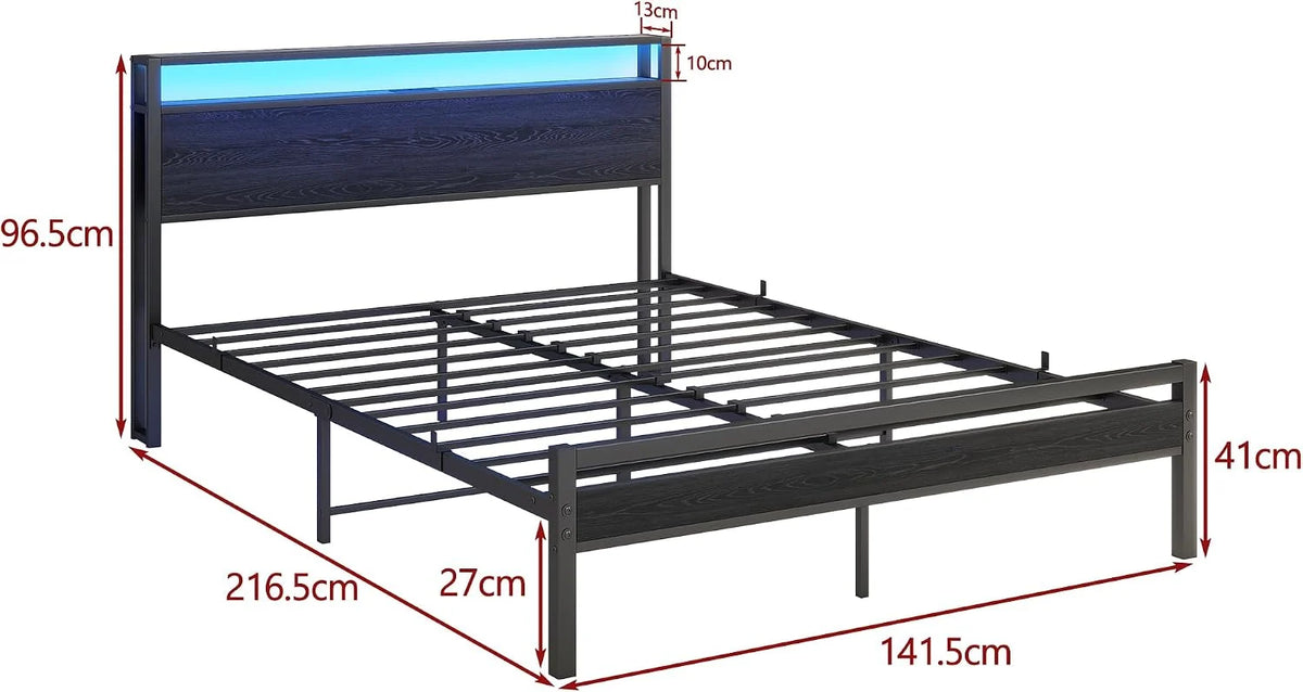 HOJINLINERO 140 x 200 cm, z przechowywaniem, stelażem, ładowaniem USB i LED, nowoczesne