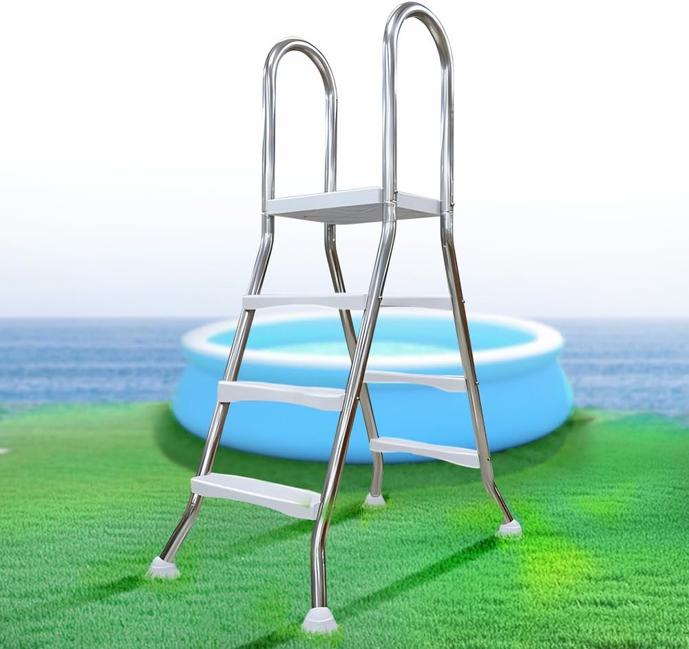 Escalera de piscina de acero inoxidable de 4 peldaños, escalera para piscina elevada, escalera de 132 cm de altura, peldaños de piscina para piscinas elevadas, escalera de piscina con capacidad de carga de 250 kg