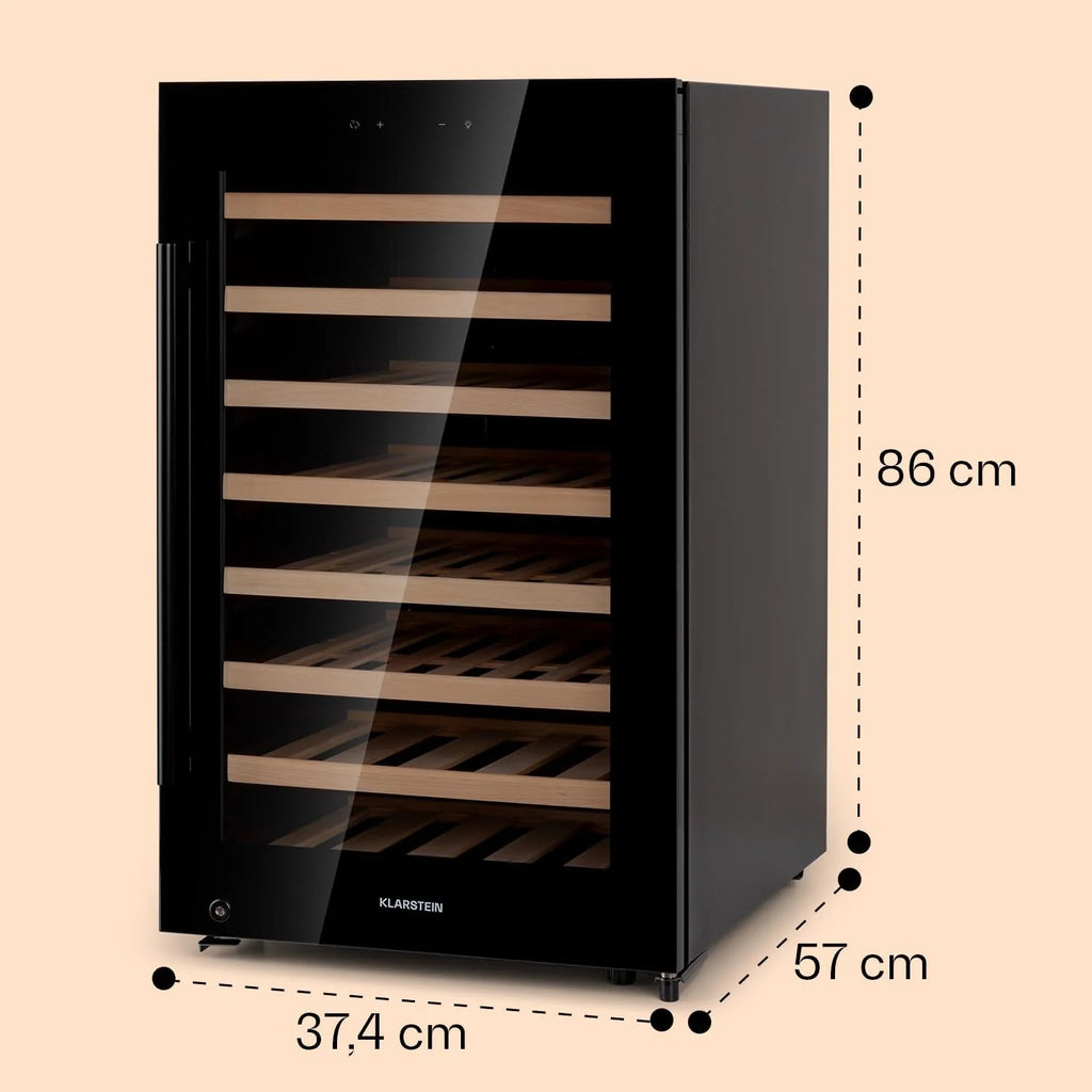 Klarstein Chłodziarka do wina wolnostojąca, Mała wąska lodówka na napoje, 1 strefa, chłodziarka ze szklanymi drzwiami, Beersafe Indoor/Outdoor, Mała lodówka z ochroną UV, 5-18°C, 52 butelki