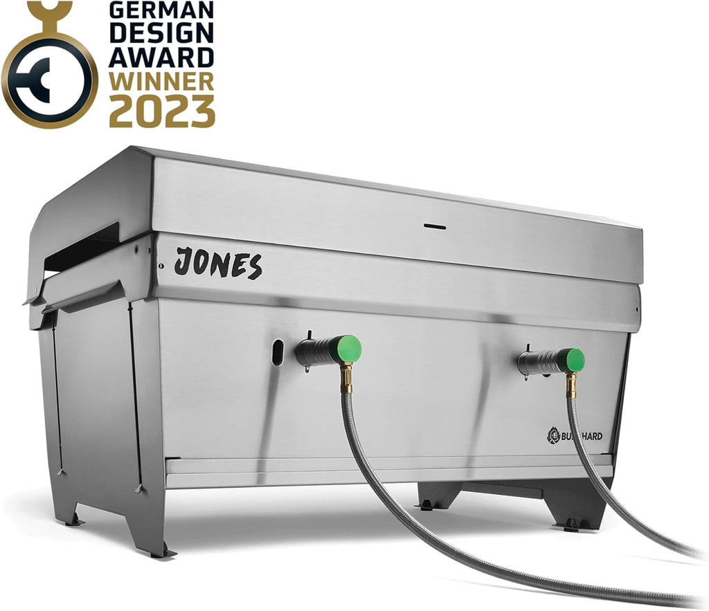 Barbacoa de gas para camping BURNHARD® JONES, barbacoa plegable de acero inoxidable con tapa, 2 quemadores, 6,4 kW, incluye bolsa de transporte con función de mochila y herramienta multiusos, barbacoa plegable ideal para camping