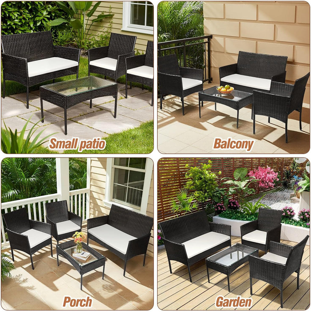 Set de muebles de jardín de ratán sintético para 4 personas, con sofá de 2 plazas, 2 sillas, mesa y cojines, resistente a la intemperie, conjunto de muebles de terraza y balcón en negro para jardín, patio y balcón