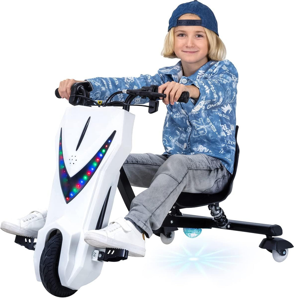 Actionbikes Motors Patinete Eléctrico Infantil para Derrapes | Motor de 𝟐𝟓𝟎 W - Carrito de Derrape 360° - 3 Niveles de Velocidad - Iluminación LED - Asiento Ajustable - Bluetooth - Kart de Derrape - Coche de Derrape (Space Purple)
