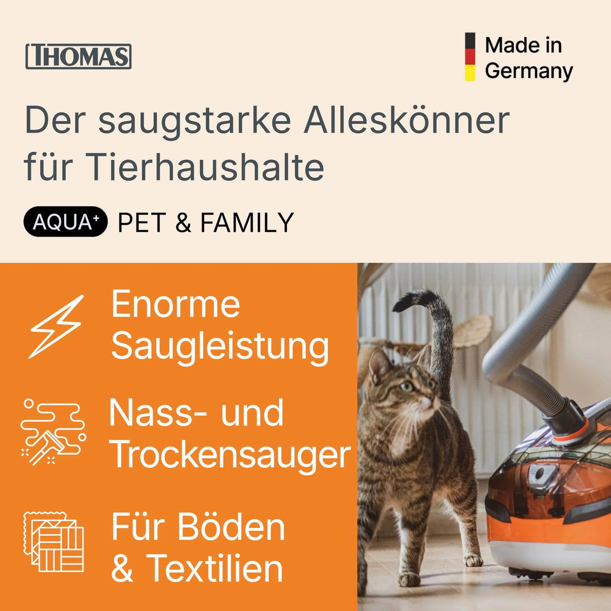 Aspiradora sin bolsa THOMAS Aqua+ PET & Family para pelo de mascota, aspiradora en seco y húmedo, función de fregado para alfombras, sofás y colchones
