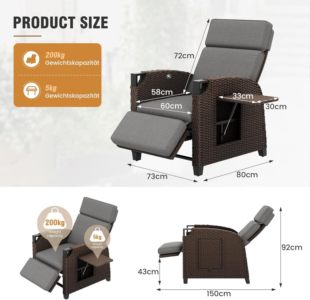Tumbona Relax Amopatio, hamaca de ratán con respaldo ajustable y mesa plegable, sillón de jardín para exterior resistente a la intemperie, para terraza, jardín, balcón – Gris y Marrón