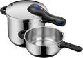 WMF Perfect Plus Juego de ollas a presión, inducción, 2 piezas, olla a presión de 6,5 l + 3 l, señal de cocción grande, 2 niveles de cocción, mango de tapa extraíble, regulador de cocción con una sola mano, acero inoxidable Cromargan pulido