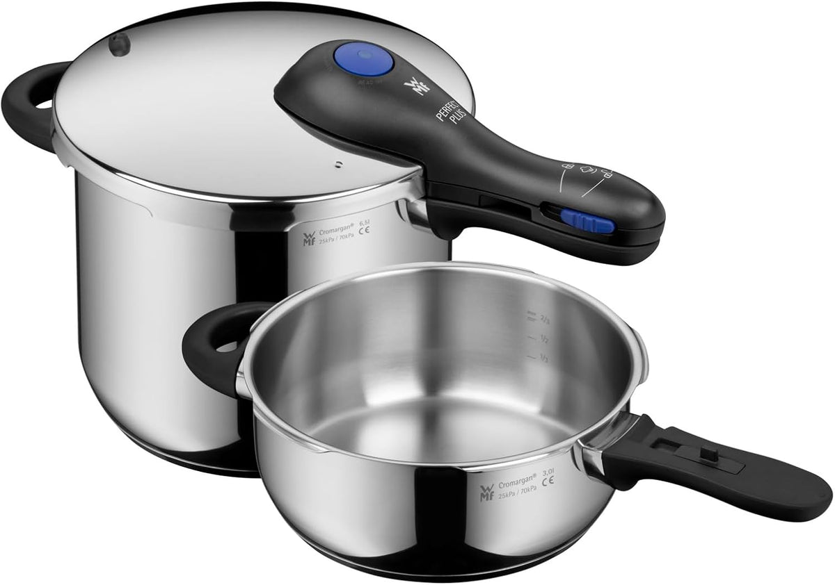 WMF Perfect Plus Juego de ollas a presión, inducción, 2 piezas, olla a presión de 6,5 l + 3 l, señal de cocción grande, 2 niveles de cocción, mango de tapa extraíble, regulador de cocción con una sola mano, acero inoxidable Cromargan pulido
