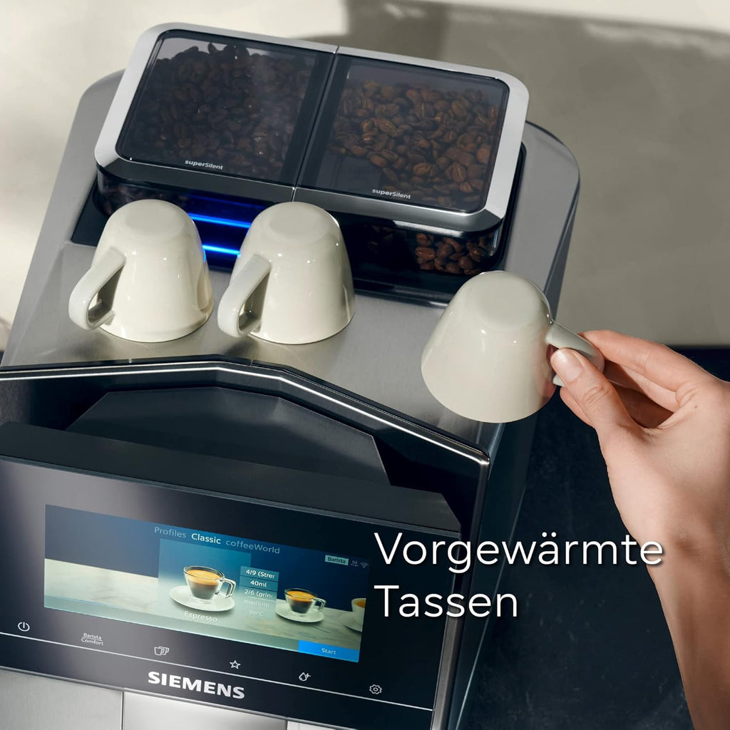 Cafetera superautomática Siemens EQ900 TQ903D03, control por app, pantalla táctil intuitiva, modo barista, AromaBoost, reducción de ruido, molinillo premium, limpieza automática con vapor, 1500 W, acero inoxidable