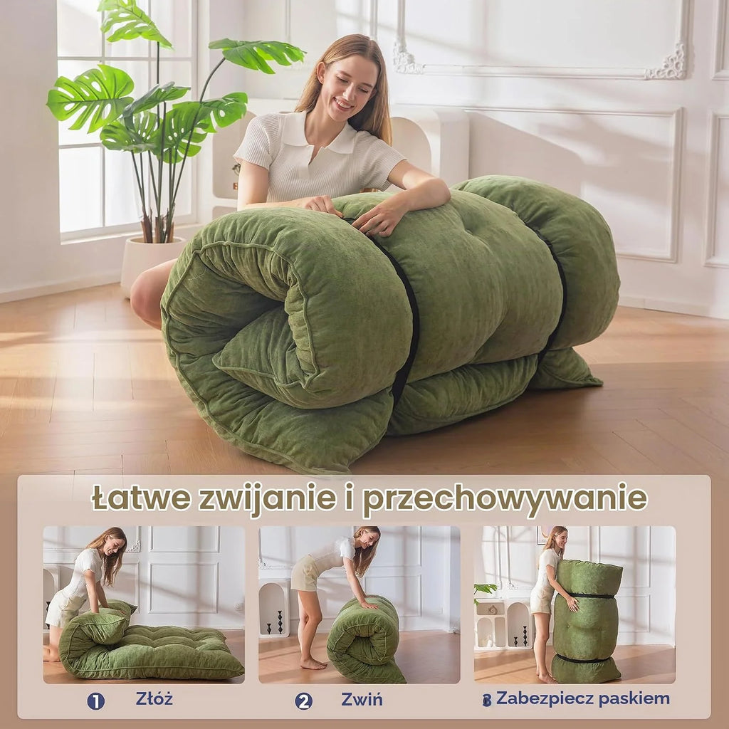MAXYOYO materac futon, tkanina szenilowa, 15 cm grubości, składany materac futon do kanapy wypełniony strzępioną pianką, szyty guzikiem, praktyczna składana mata podłogowa (bez ramy)