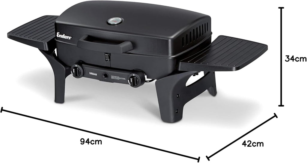 EndersGasgrill Urban II Pro, parrilla de mesa, función de asado, cocción y horneado, 2 quemadores de acero inoxidable, con termómetro para parrilla, parrilla para balcón y camping, carcasa de aluminio fundido, rejilla de hierro fundido, #2062