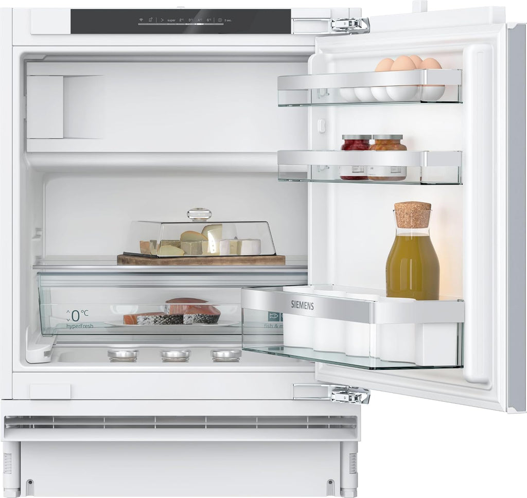 Siemens KU22LADD0, iQ500 Frigorífico bajo encimera inteligente con congelador, nicho de 82 x 60 cm, 110 L, cajón hyperFresh, botellero, muy silencioso 35 dB, bisagra plana softClose con cierre suave
