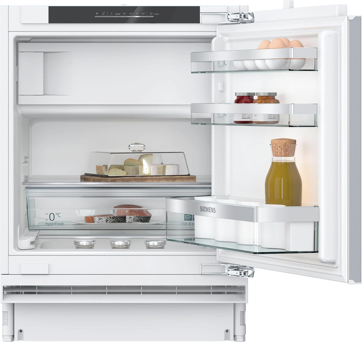 Siemens KU22LADD0, iQ500 Frigorífico bajo encimera inteligente con congelador, nicho de 82 x 60 cm, 110 L, cajón hyperFresh, botellero, muy silencioso 35 dB, bisagra plana softClose con cierre suave