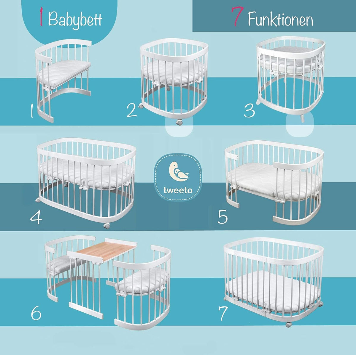 Cuna 7 en 1 tweeto®: cuna de madera evolutiva | cuna de colecho y cuna de barrotes de altura regulable | convertible en cama infantil y parque de juegos (haya natural)