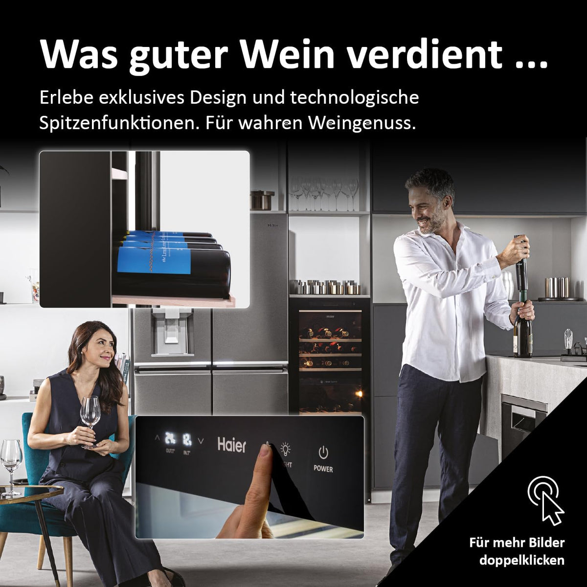 Vinoteca Haier SERIE 5 HWS79GDG I Bodega climatizada para 79 botellas I Nueva tecnología para un almacenamiento óptimo I Vinoteca de 2 zonas, puerta de cristal UV y 5 estantes de madera I Vinoteca de baja vibración