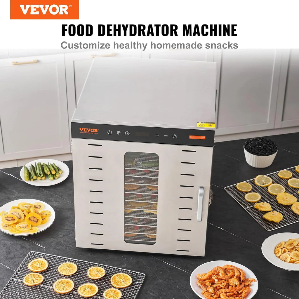 VEVOR Maszyna do odwadniania żywności 10 tacek ze stali nierdzewnej 1000 W Elektryczny odwadniacz owoców i warzyw Regulowana temperatura 30-90 °C Timer 0,5-48 h do ziół, mięsa