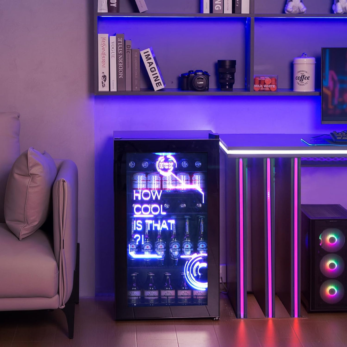 HCK Refrigerador para bebidas, mini nevera con iluminación moderna cyberpunk, 98 L, mini refrigerador silencioso de 0-10 °C, minibar para interiores, para sala de juegos, fiestas, negro.