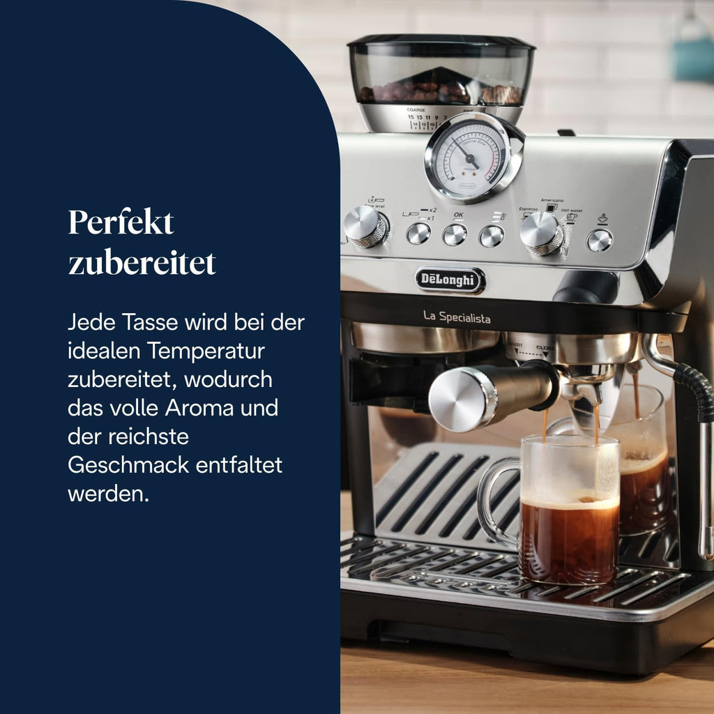 Máquina de café espresso De'Longhi La Specialista Arte EC9155.MB, cafetera con molinillo, 8 niveles de molienda, 15 bares, 3 temperaturas, boquilla para espuma de leche, 1550W, depósito de 1,7L, acero inoxidable/negro incluye kit de barista