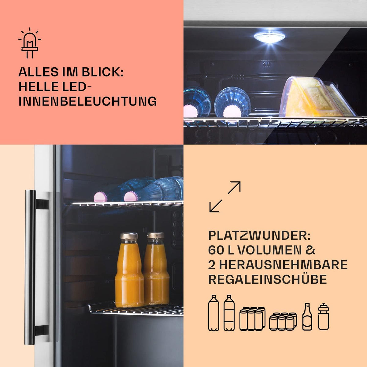Mininevera Klarstein con puerta de cristal para habitaciones, refrigerador de bebidas con estantes ajustables, pequeño de 80 litros, frigorífico silencioso para interiores/exteriores