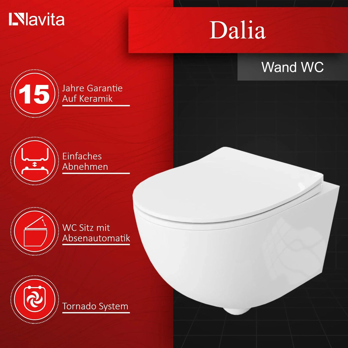 lavita Duofix Basic Inodoro suspendido Dalia blanco sin brida, sistema de descarga Tornado, asiento con cierre amortiguado, placa de accionamiento Delta 25