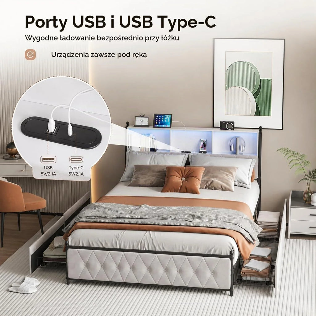Podwójne łóżko tapicerowane 180 x 200 cm z 4 szufladami, łóżko bagażowe z ładowaniem USB i oświetleniem LED, rama łóżka, zagłówek z miejscem do przechowywania, łóżko dla dorosłych, aksamit