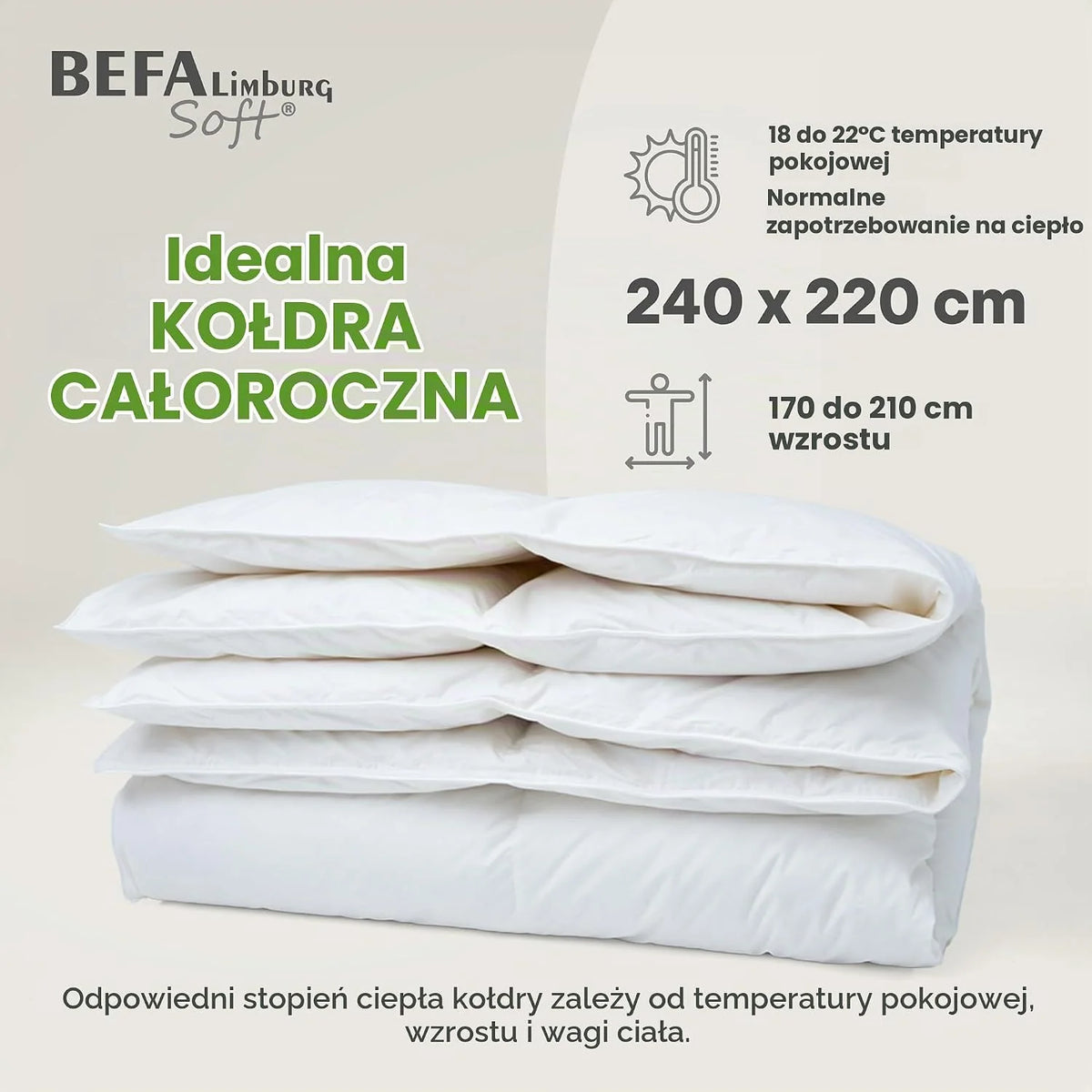 Kołdra puchowa, całoroczna, 240 x 220 cm, 90% pierza i 10% puchu, oddychająca i łatwa w pielęgnacji, dla alergików (NOMITE), dobrostan zwierząt (DOWNPASS), Oeko-Tex