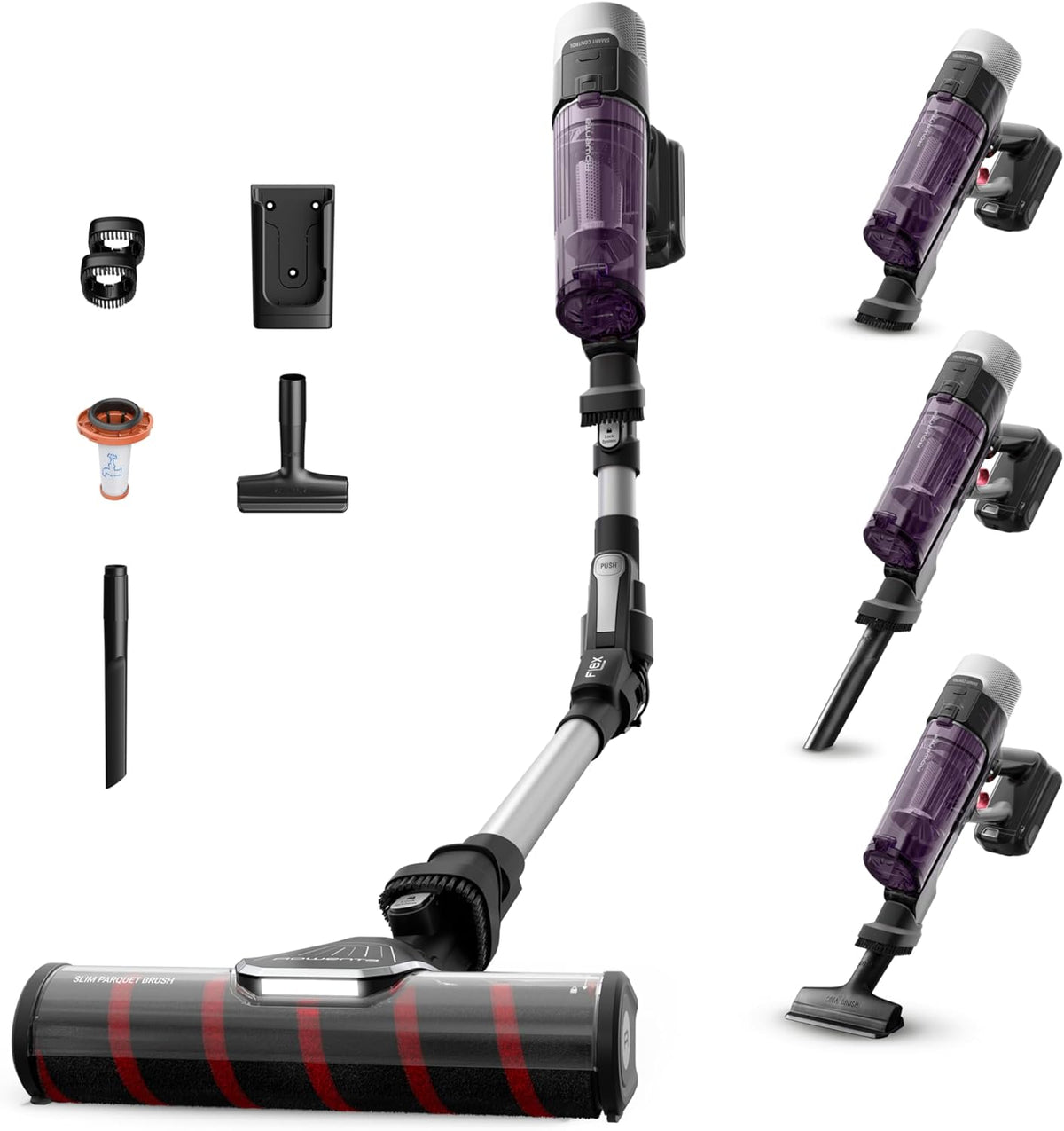Rowenta X-Force Flex 9.60, Aspiradora escoba sin cable multifunción, Alto rendimiento con 100 AW, Autonomía de 45 minutos, Ultraligera, Tubo Flex, RH2047WO, Violeta