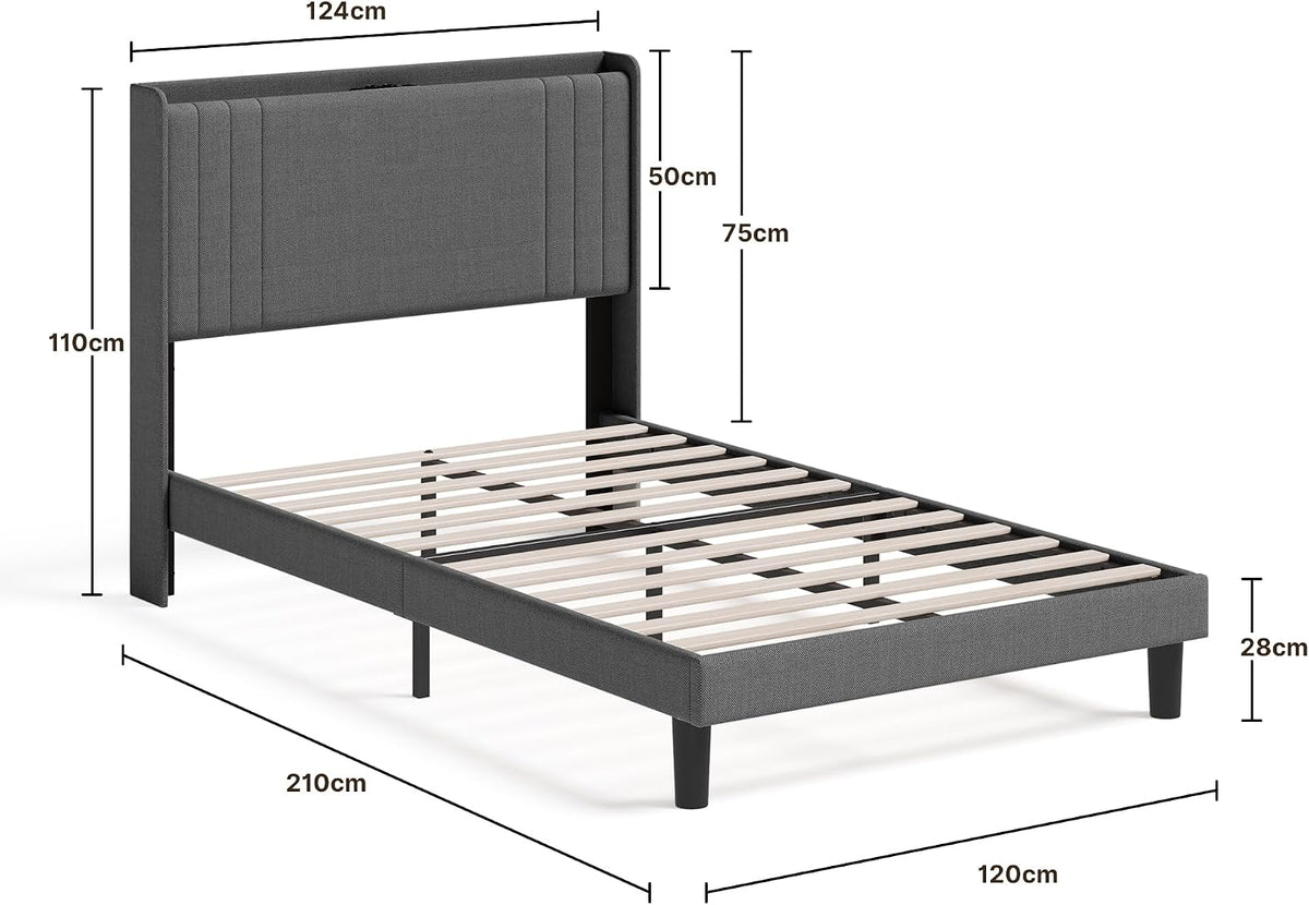 Blishom Łóżko tapicerowane 120 x 200 cm z oświetleniem LED i stacją ładowania, rama łóżka platformowego z wyściełanym zagłówkiem (Ciemnoszary, 120x200cm)