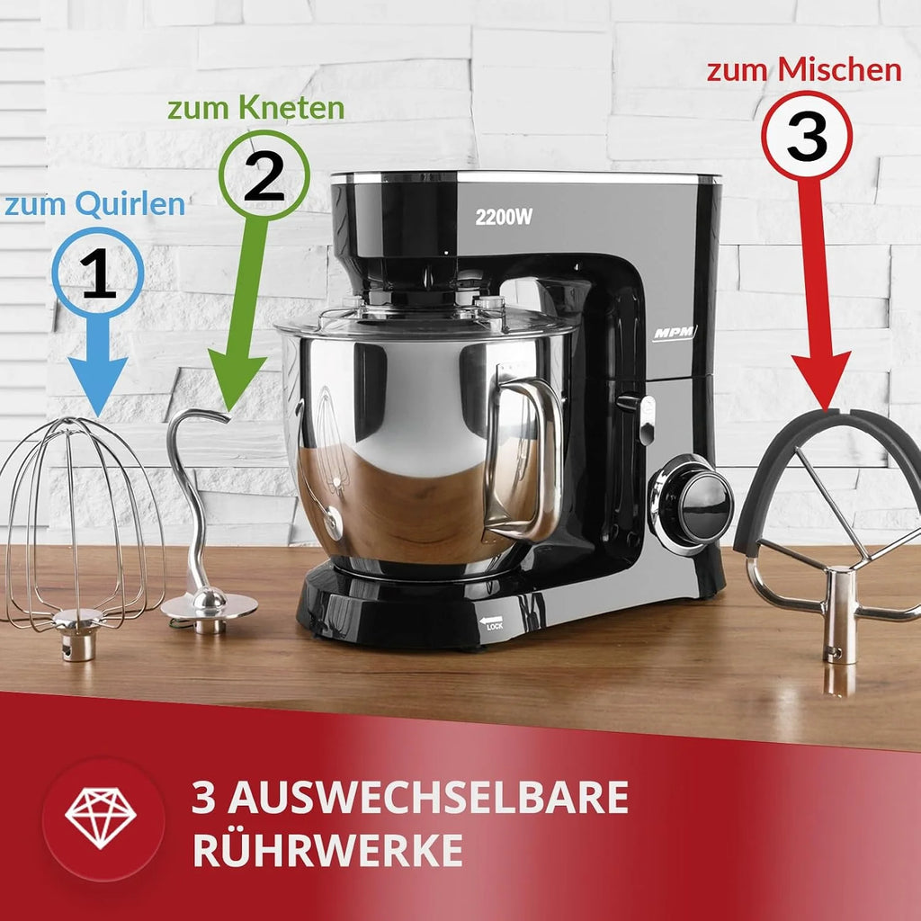 MPM MRK-19 Mikser Planetarny z Misą Mieszającą 6,5 l - Urządzenie Kuchenne do Ugniatania 2200 W - 6-stopniowa Regulacja Prędkości + Funkcja Pulse - Czarny