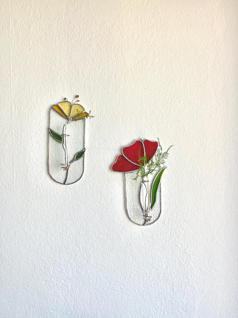 Jarrón de pared de vidrieras Tiffany amarillo con tubo de ensayo, hecho a mano, 21 cm de altura