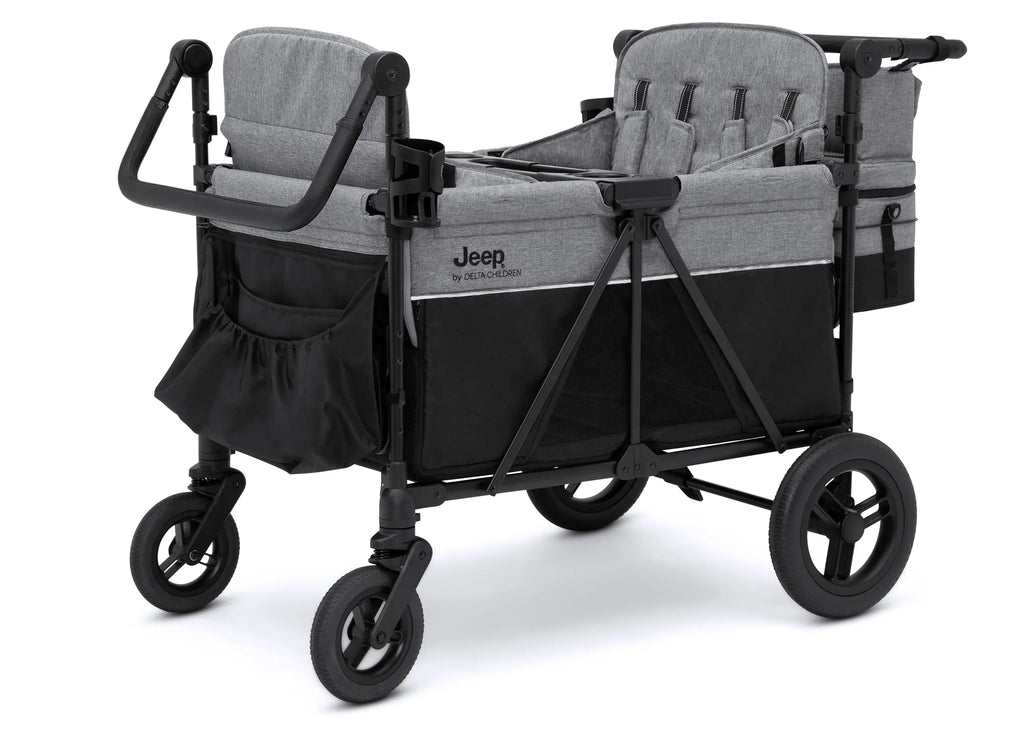 Jeep Wrangler Deluxe Stroller Wagon for 4 Kids – Removable Canopy, Cooler Bag, Modular Seats, XXL Storage, All-Terrain Tires, Adjustable Handlebars