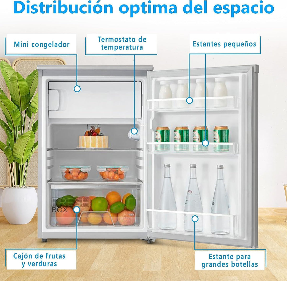 Nevera pequeña Midea 113L con congelador - Mini frigorífico para habitación/caravana/camping - Minibar de bajo consumo - Frigorífico bajo encimera silencioso 39dB + congelador -16º/-24º