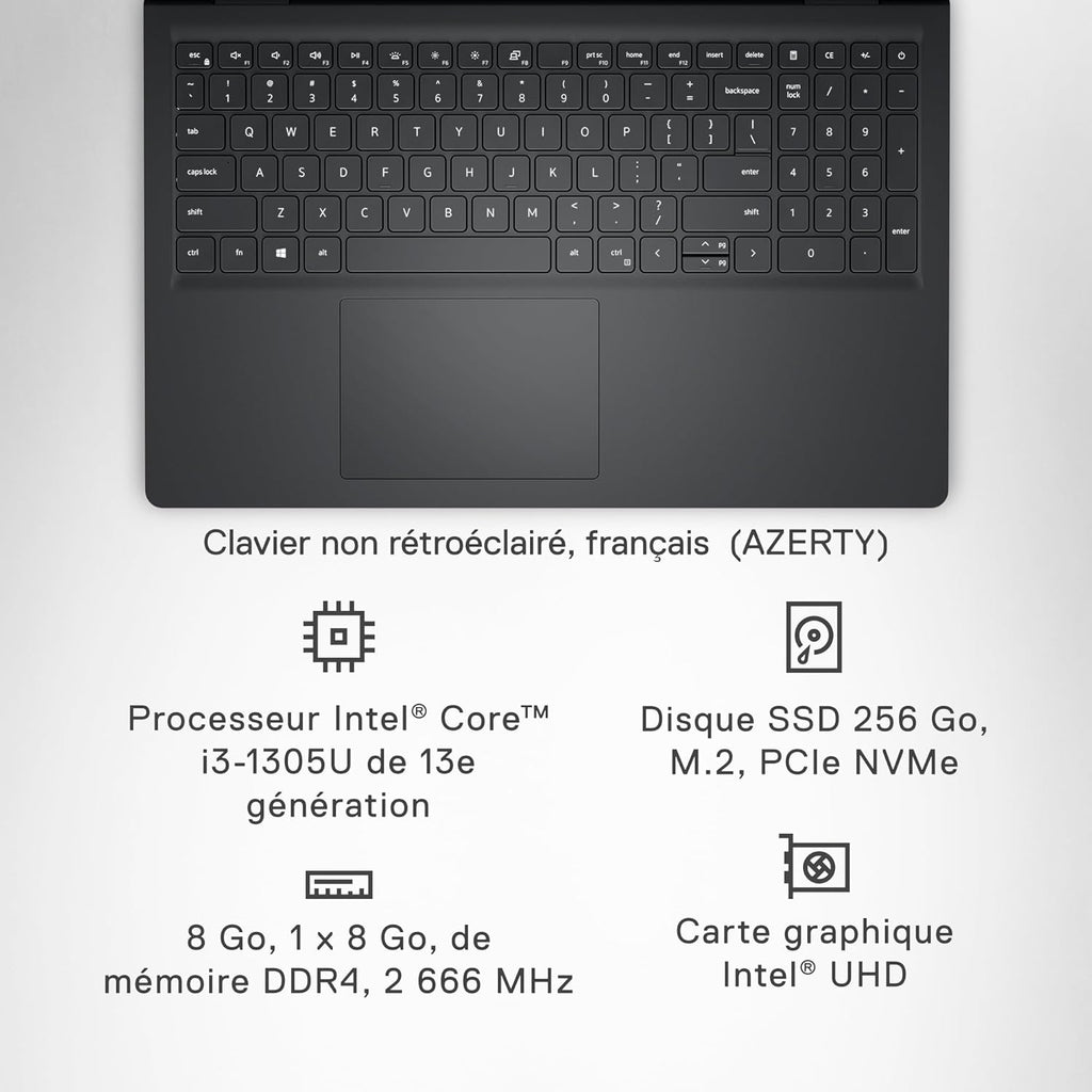 Dell Inspiron 15 (3530) - Pantalla FHD de 15,6" a 120 Hz, Intel Core i3-1305U, 8 GB de RAM, SSD de 256 GB, Intel UHD Graphics, Windows 11 Home, teclado AZERTY - Negro carbón
