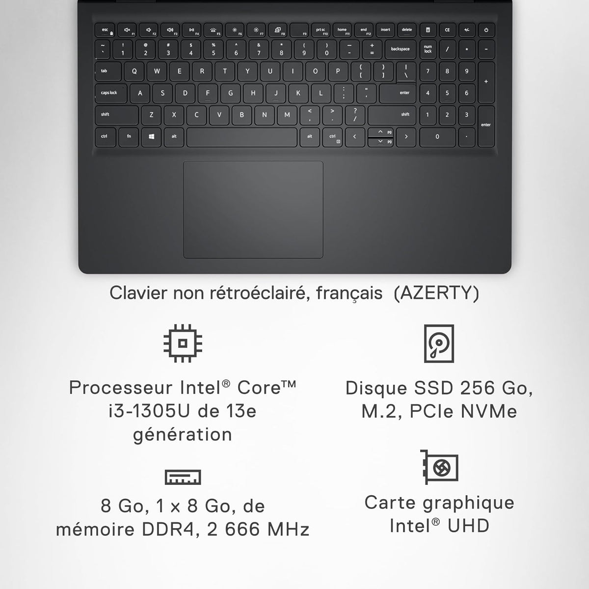 Dell Inspiron 15 (3530) - Pantalla FHD de 15,6" a 120 Hz, Intel Core i3-1305U, 8 GB de RAM, SSD de 256 GB, Intel UHD Graphics, Windows 11 Home, teclado AZERTY - Negro carbón