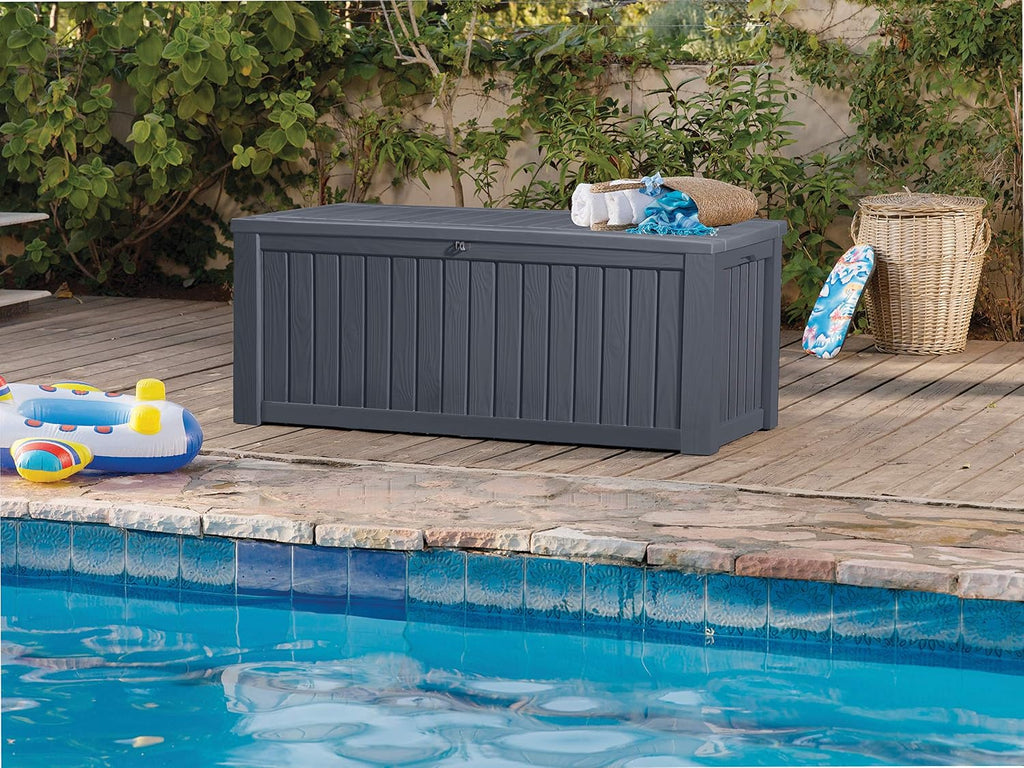 Caja de almacenamiento para jardín de 570 litros, arcón para cojines con ventilación, aspecto de madera, resistente a la intemperie y con pistón de gas