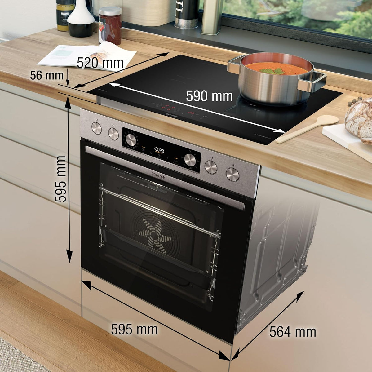 Set de horno empotrable Gorenje con aire caliente Inox Set 4 con placa vitrocerámica / 77 litros / ExtraSteam / GentleClose & Open / EcoClean / AirFry / PizzaMode / PerfectGrill / guías telescópicas / aspecto inox