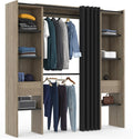 IDMarket - Vestidor extensible doble Meryl 120/180 x 50 x 180 cm haya con estantes color haya + doble barra para colgar + cortina negra