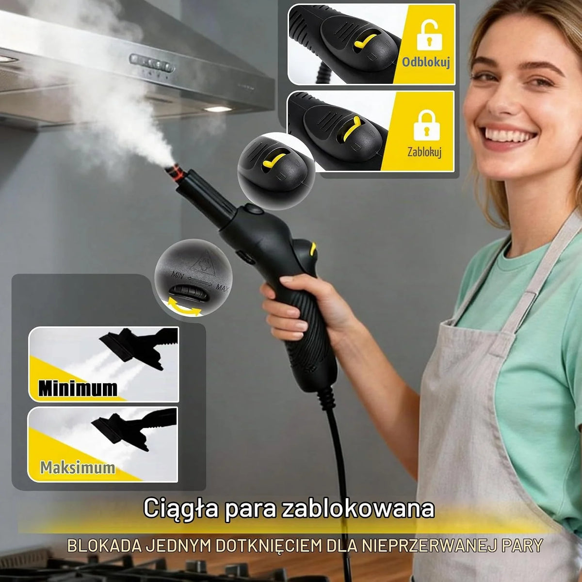 Myjka parowa 2000 W z 23 akcesoriami (w zestawie szczotki zapasowe), ciśnienie pary regulowane do 4 barów na uchwycie, zbiornik na wodę 1,5 l, nawijacz kabla i przegródka na akcesoria, do wszystkich