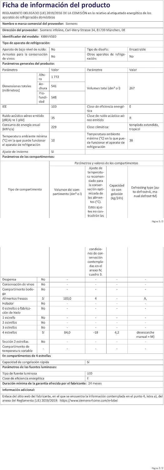Siemens KI86VVSE0 iQ300 lodówko-zamrażarka do zabudowy/E / 229 kWh/rok / 183 l/hyperFresh system świeżości/lowFrost/oświetlenie wewnętrzne LED/bigbox/drzwi holowane