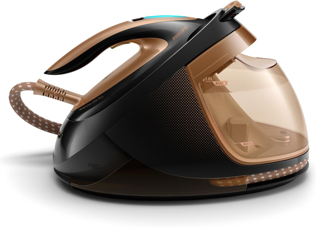 Centro de planchado Philips PerfectCare Elite Plus - Potencia 2700W, Golpe de vapor 600g, Presión 8 bares, Tecnología OptimalTEMP, Eco, Suela T-IonicGlide, Depósito 1.8L, Negro/Dorado (GC9682/80)
