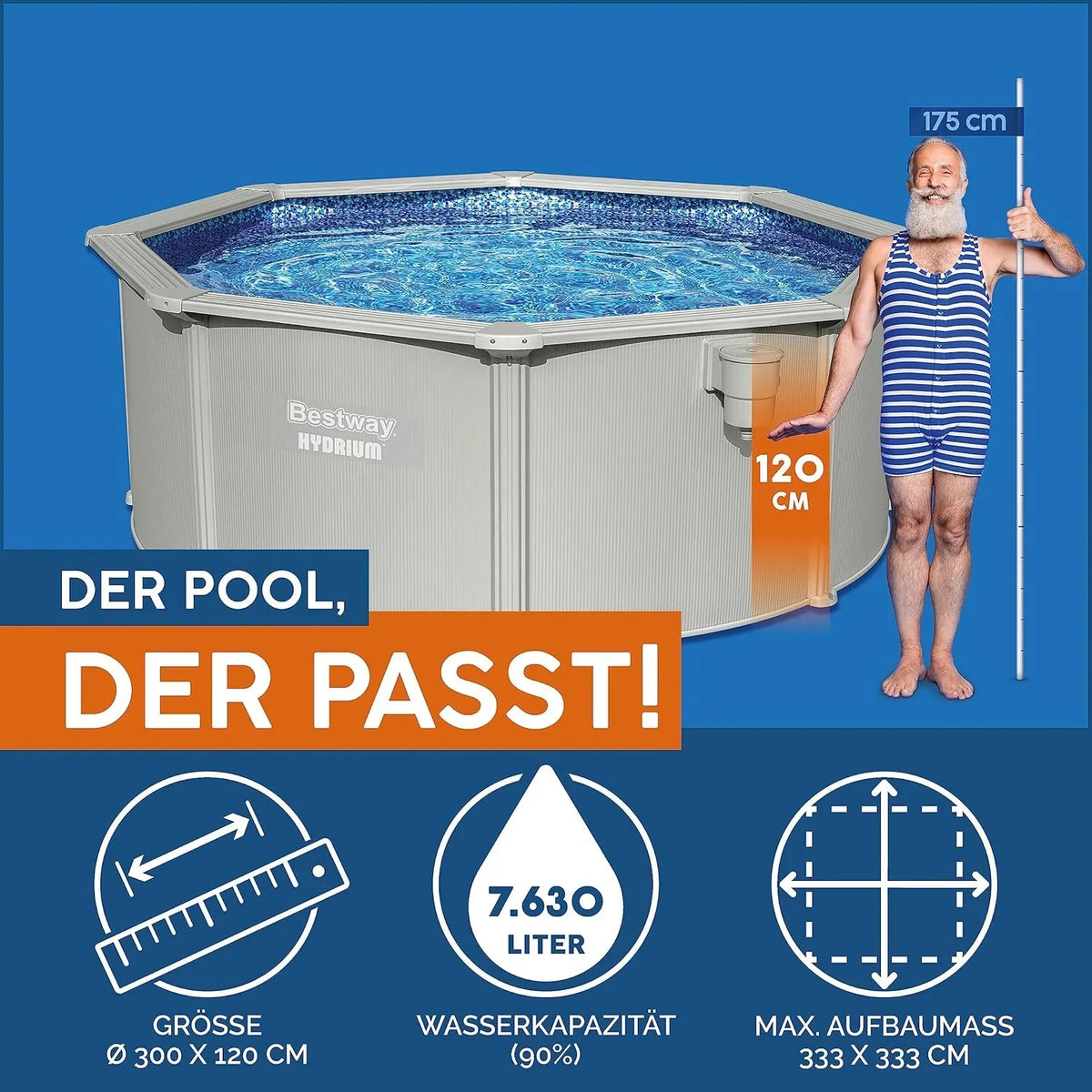 Bestway Hydrium - Piscina de pared de acero con filtro de arena, diámetro de 300 x 120 cm, gris, redonda