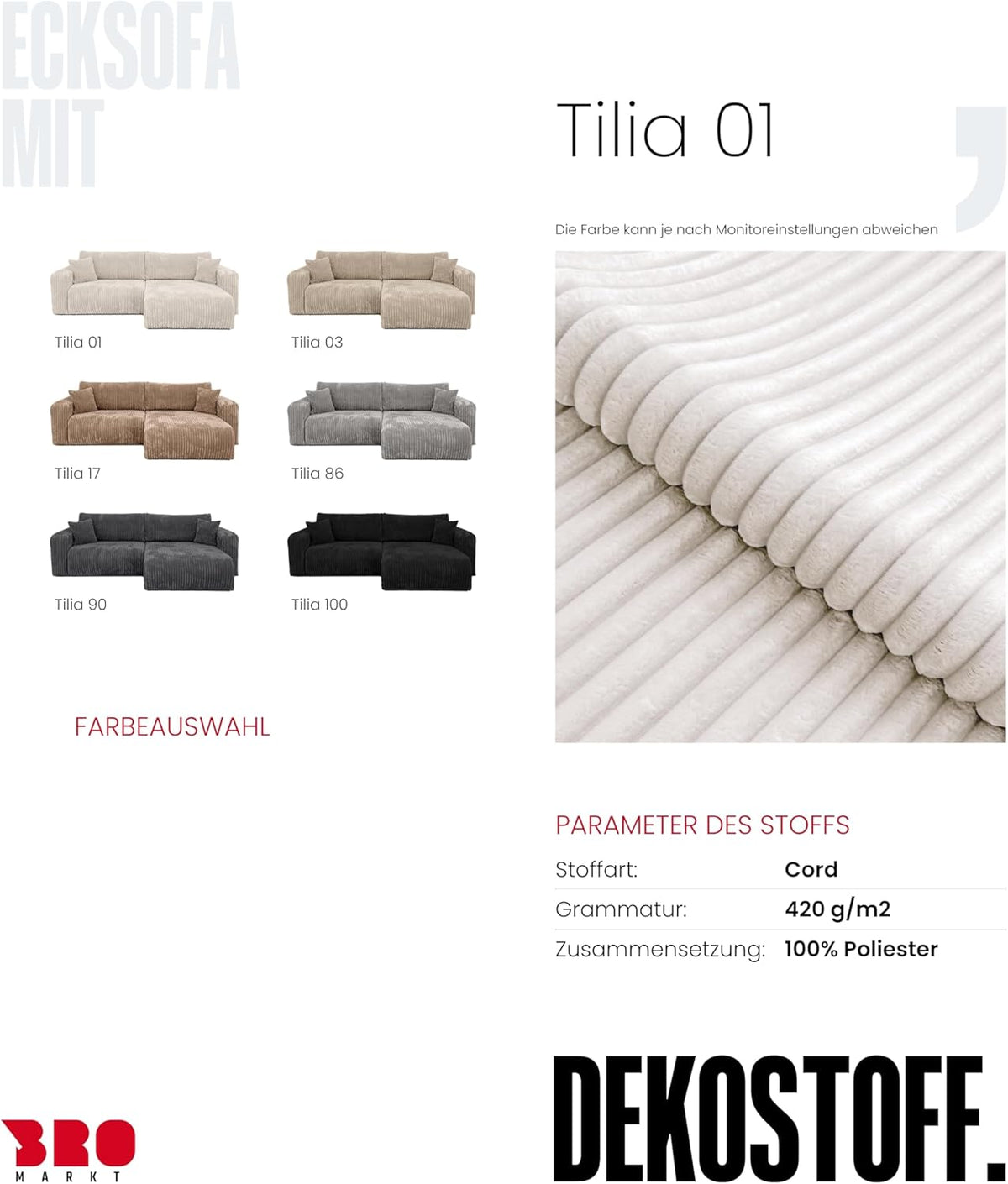 BROMARKT Sofá esquinero con función cama color crema, sofá en forma de L de tela de pana con arcón, sofá cama para salón con espacio de almacenamiento, sofá esquinero de 3 plazas, conjunto de salón 244x148x82 cm TILIO