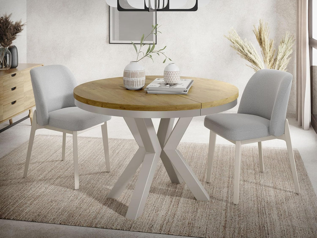 WFL GROUP Mesa de comedor redonda extensible estilo loft - Mesa industrial con patas de metal color cachemira gris beige - Mesa ahorradora de espacio para salón - Roble Lancelot - 100 a 180 cm