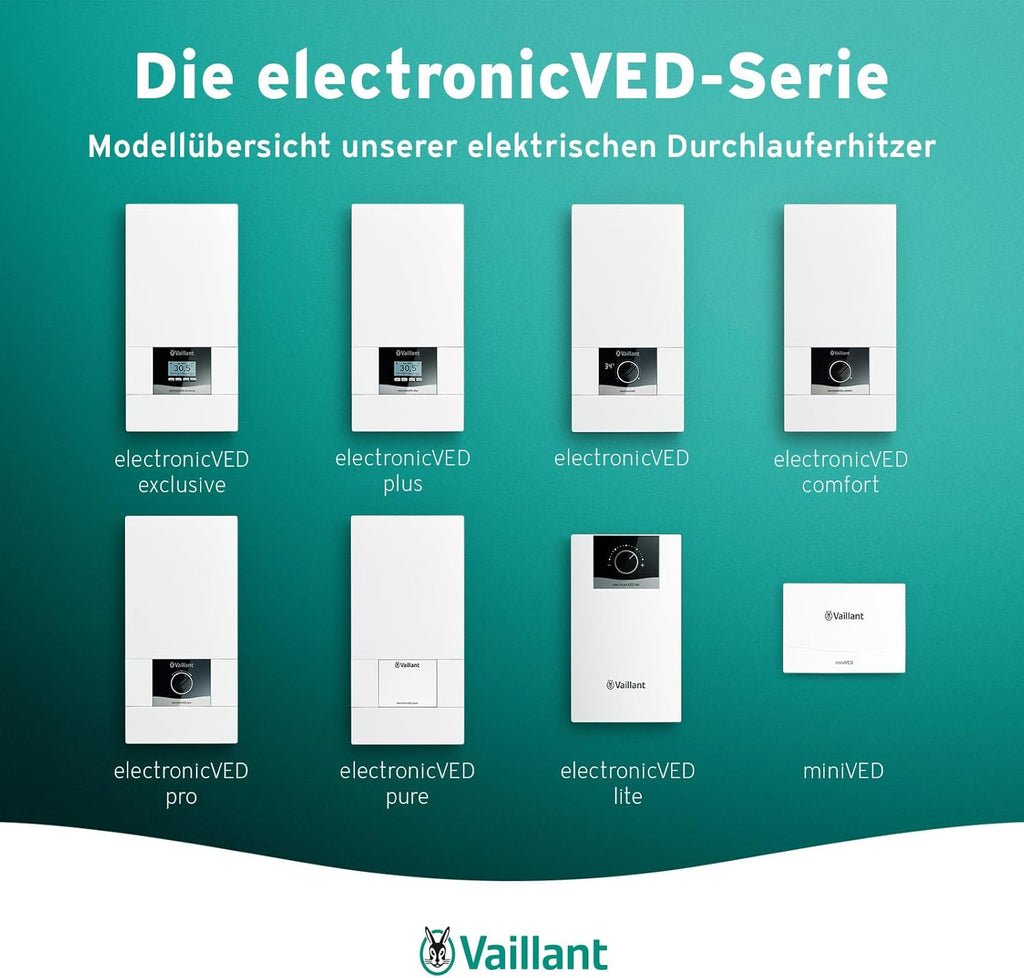 Calentador de agua eléctrico instantáneo Vaillant, VED E 18/8, resistente a la presión, 18 kW, 400 V, temperatura de salida exacta al grado, regulación continua, pantalla digital, 0010023777