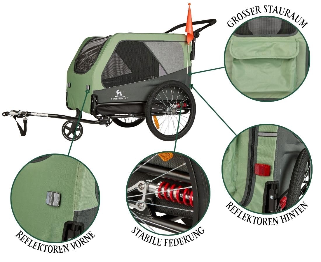Remolque y carrito para perros de hasta 45 kg, plegable, ruedas neumáticas de 20 pulgadas, suspensión, correa de seguridad, reflectores, protección contra insectos